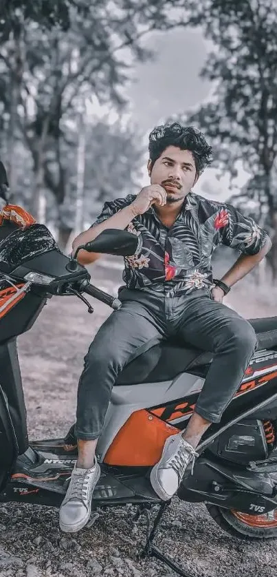 Man sitting on a trendy motorbike with an outdoor backdrop.