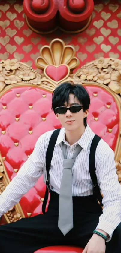 Man in stylish outfit seated on ornate red heart-themed chair.