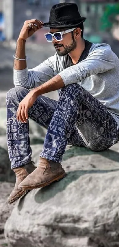 Man in casual attire with hat posing on rocks.