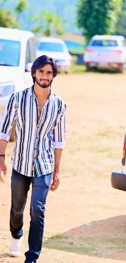 Man in striped shirt outdoors with cars parked behind on a sunny day.