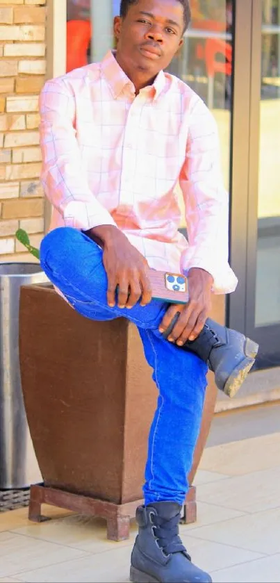 Man in casual outfit sitting with smartphone
