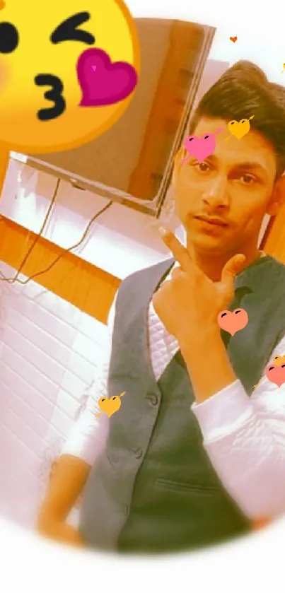 Stylish man posing with heart emoji wallpaper.