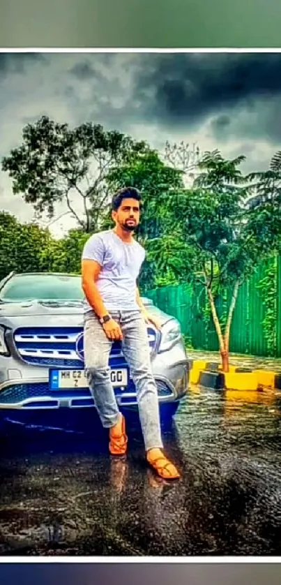 Man standing by car on rainy street.