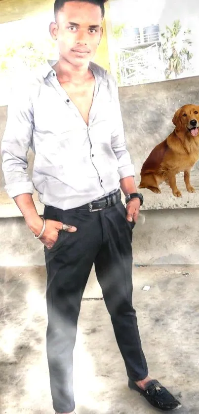 Man with a golden retriever in an urban setting, stylishly dressed.