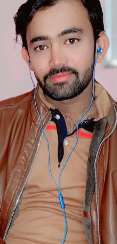 Portrait of a man wearing earphones and a leather jacket.