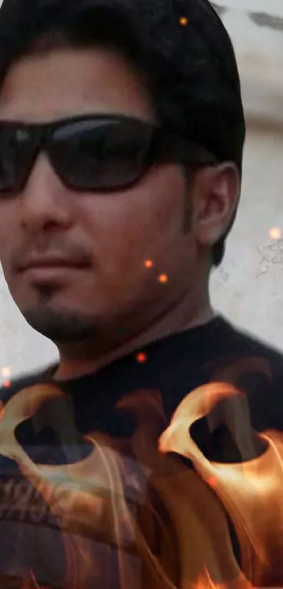 Man with sunglasses and flames, dynamic mobile wallpaper.