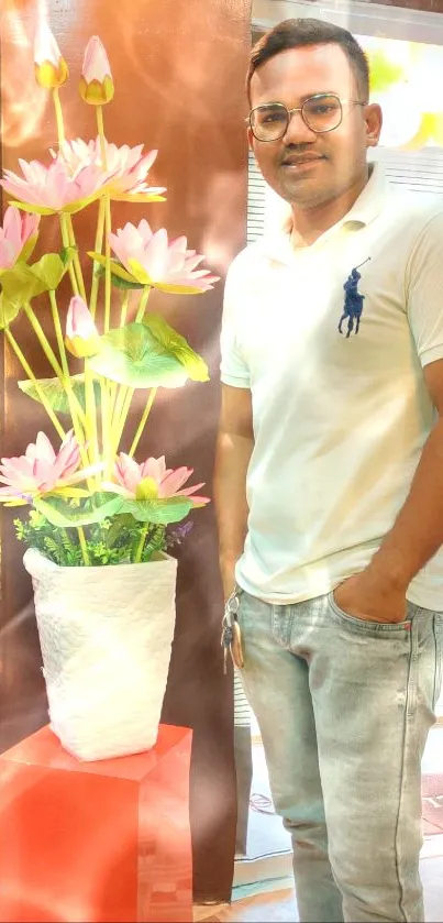 Stylish man standing next to pink lotus arrangement indoors.