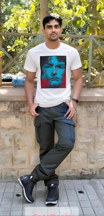 Young man in graphic t-shirt with nature background.