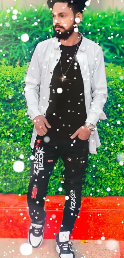 Man in stylish attire with green background and snow effect.