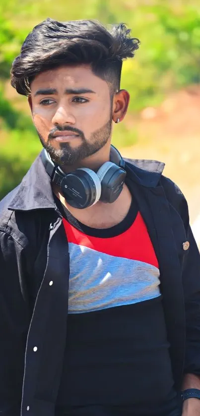 Portrait of a stylish man in a casual outfit with headphones outdoors.