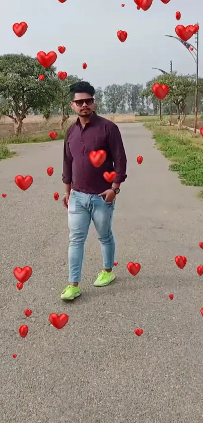 Man walking with floating red hearts background.