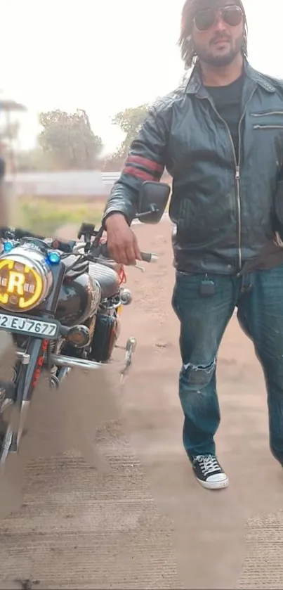 Man in leather jacket standing by motorcycle.