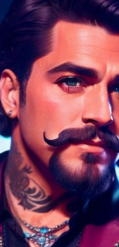 Vibrant portrait of a stylish man with a mustache and tattoos, featuring deep colors.