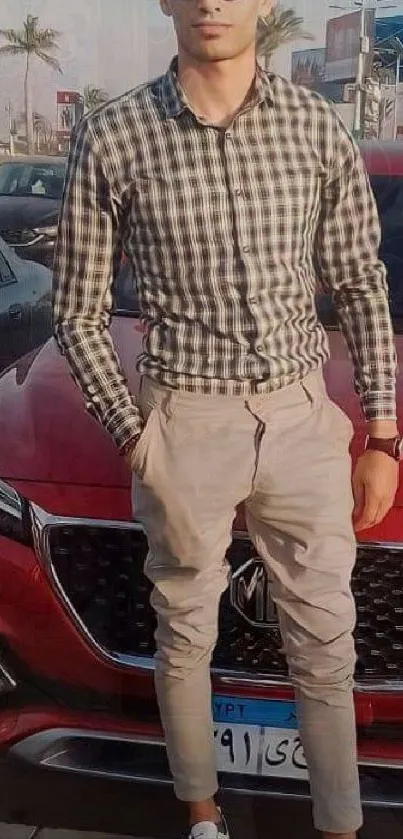 Man in checkered shirt leaning on a red car.