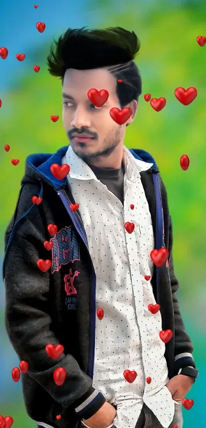 Stylish man with red hearts on a vibrant background.