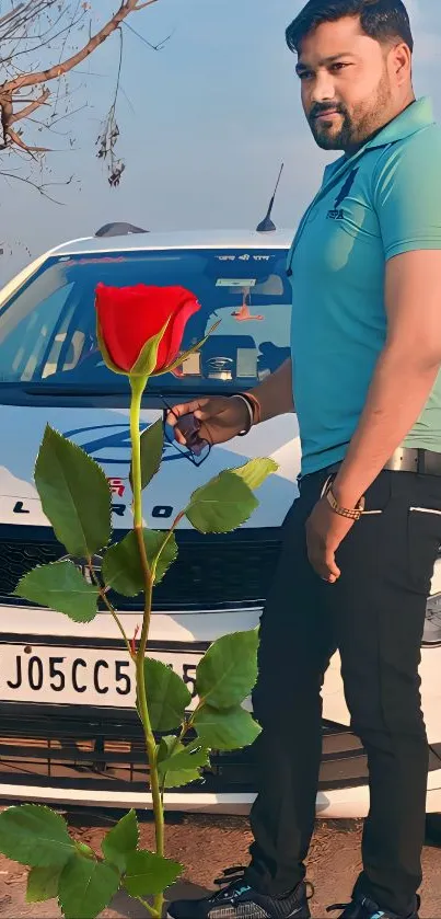 Stylish man in teal shirt with red rose near white car.