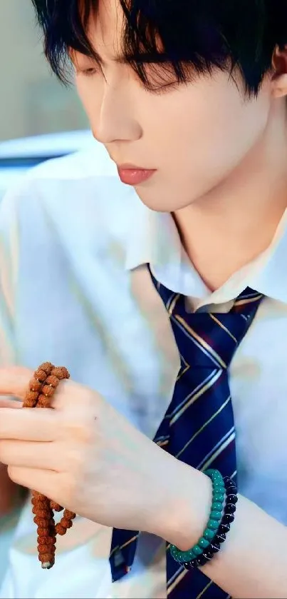 Man with rosary beads in blue shirt and tie.