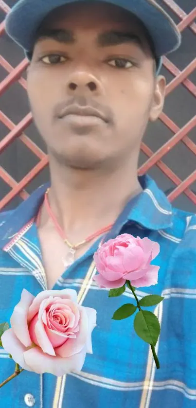 Stylish man with pink roses and blue checkered shirt wallpaper