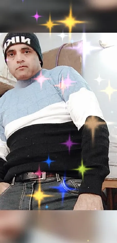 Man in sweater with sparkles background.