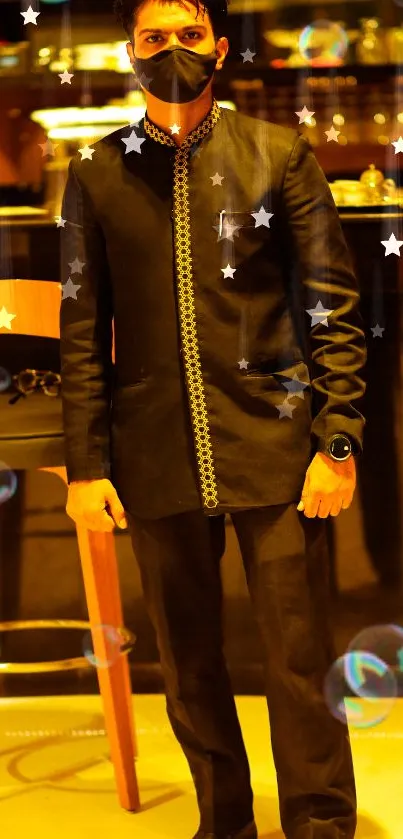 Man in black attire with star and bubble effects in warm lighting.