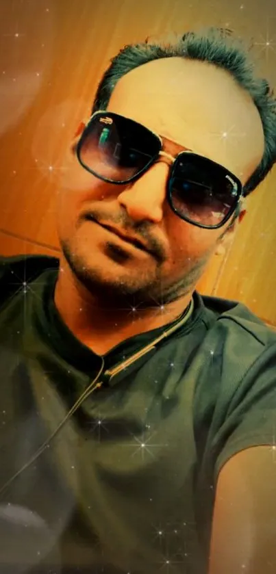 Man wearing sunglasses with cosmic starry background.