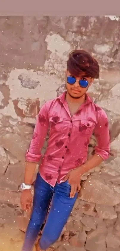 Stylish man in pink shirt and blue jeans leaning on stone wall.