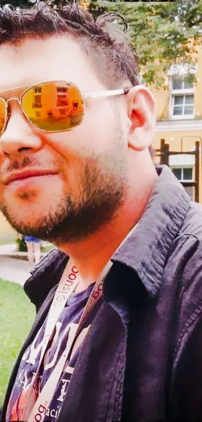 Man with reflective sunglasses and a stylish outfit outdoors.