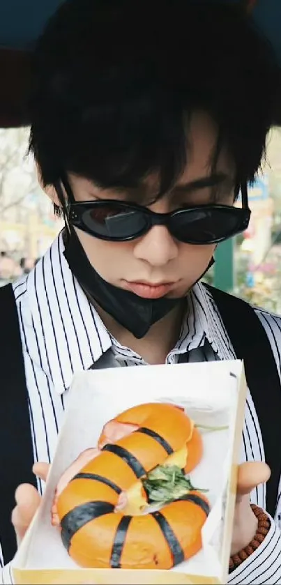 Young man in stylish outfit holding sushi platter.