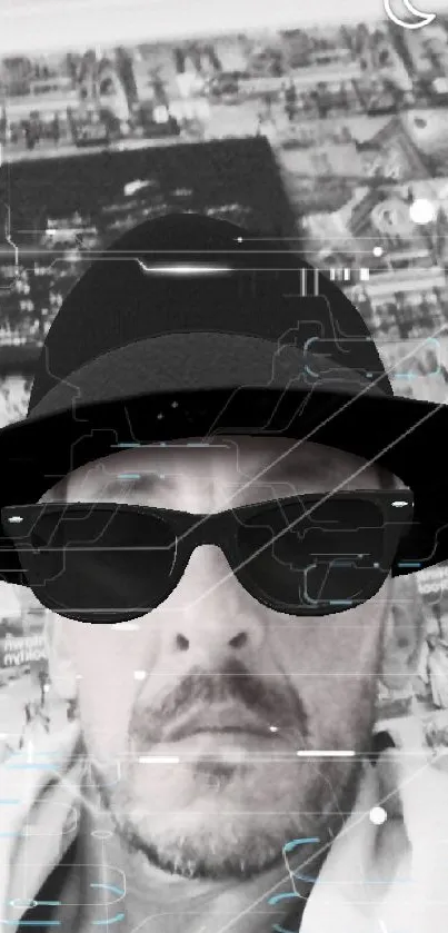 Stylish man in virtual hat and sunglasses with monochrome filter.