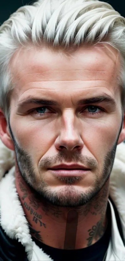 Man with platinum white hair and leather jacket on dark background.