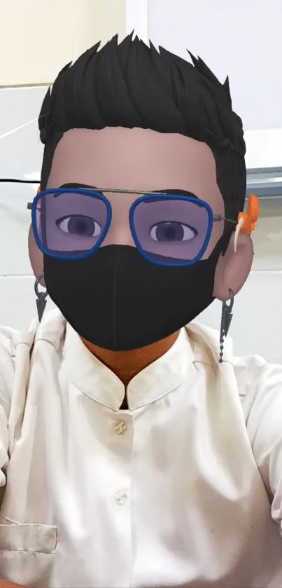 Cartoon character with glasses and mask in a white shirt.