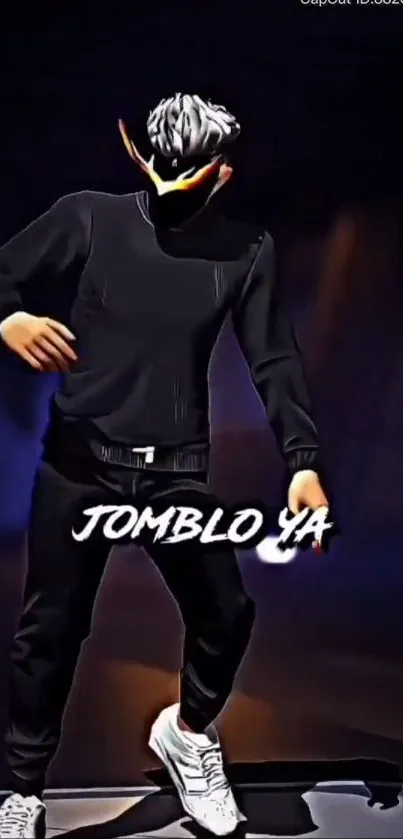 Masked dancer in black outfit with text 'JOMBLO YA' on dark background.