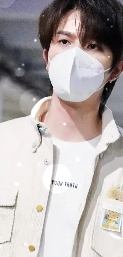 Trendy young individual wearing a mask and cream jacket in a stylish portrait.