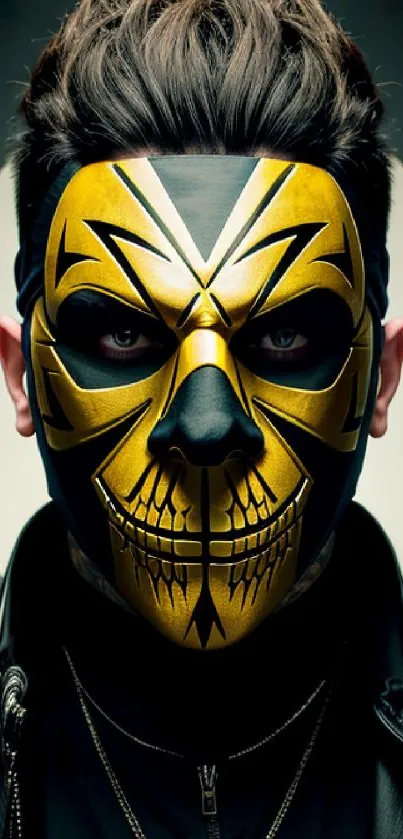 Masked man with gold and black mask, wearing a leather jacket.