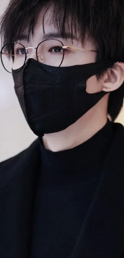 Person wearing glasses and a black mask with a modern style.