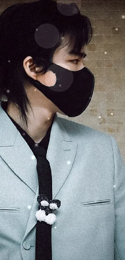 Stylish portrait of a person wearing a mask with a textured background.