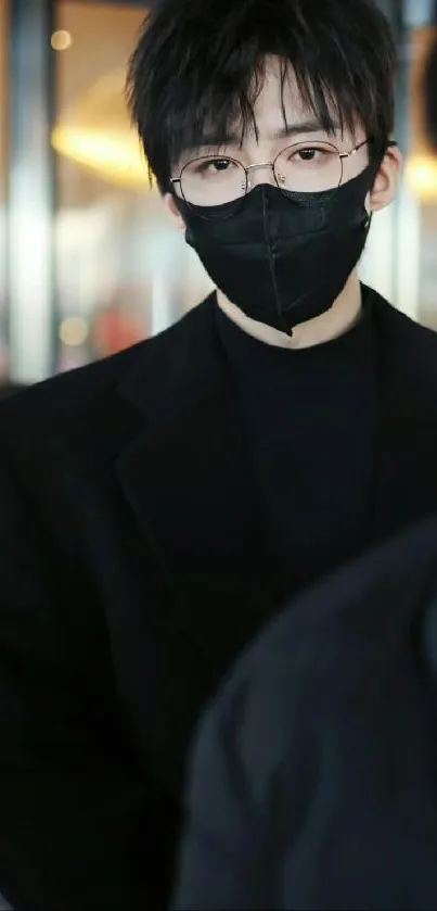 Person in a black mask and glasses with a stylish, dark aesthetic background.