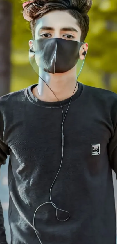 Young individual with mask in nature