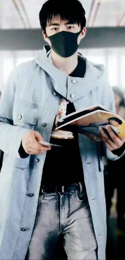 Chic urban traveler in denim and mask holding books.