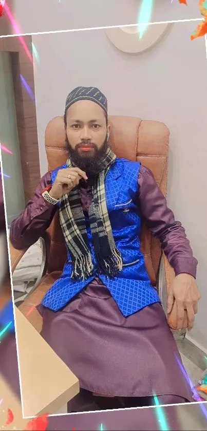 Man in vibrant blue and purple attire on chair, accented with autumn leaves.