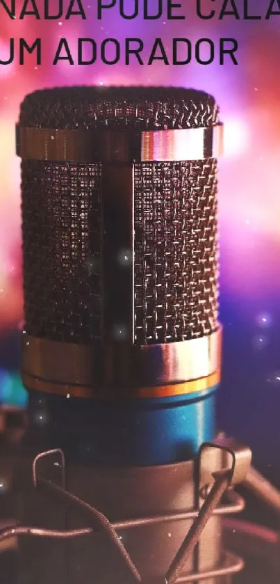 Vibrant microphone with dynamic purple and orange background.