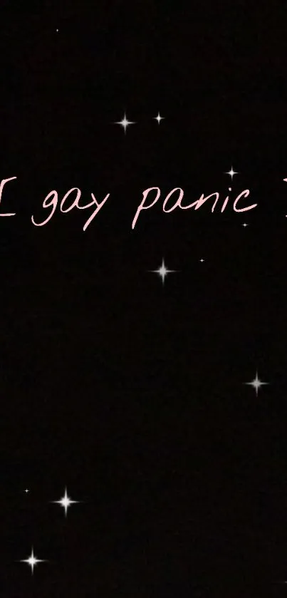 Minimalist black wallpaper with '[gay panic]' text and stars.