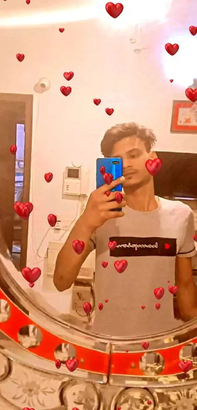 A stylish mirror selfie featuring warm tones and modern decor.