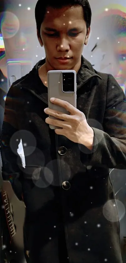 Mirror selfie with bokeh and reflections, featuring a trendy black coat.