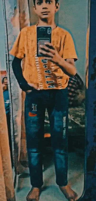 Fashionable mirror selfie with vibrant orange tones.