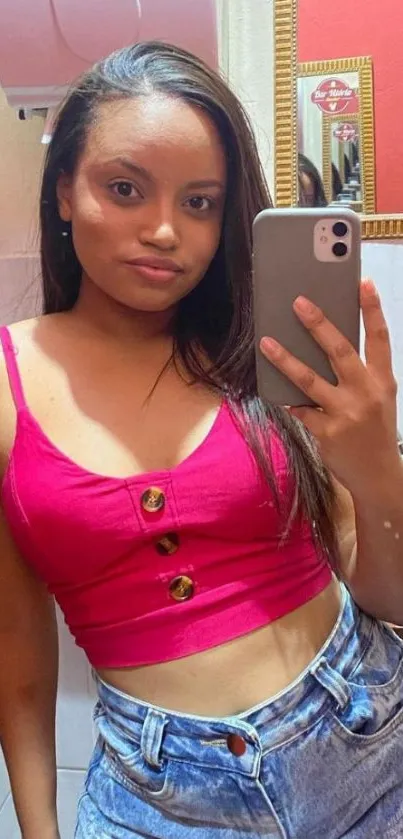 Young woman in pink top taking a selfie in a mirror.