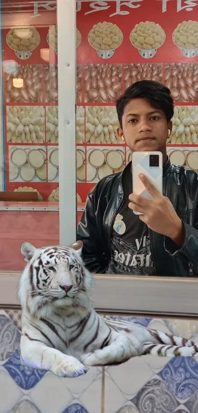 A stylish mirror selfie with a tiger reflection and vibrant red decor.