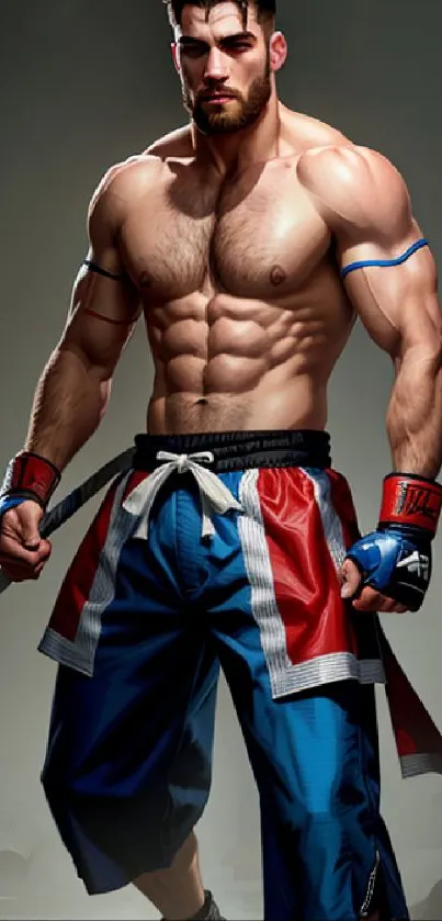 Wallpaper of a muscular MMA fighter in blue shorts.