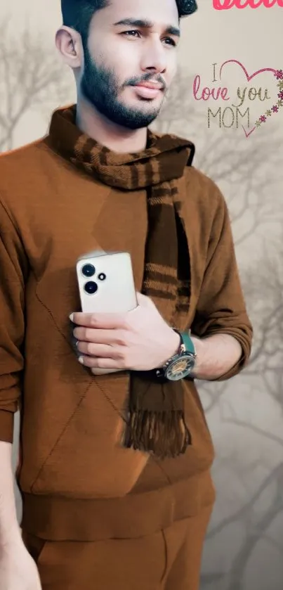 Man in brown attire holding smartphone with 'I Love You Mom' text.