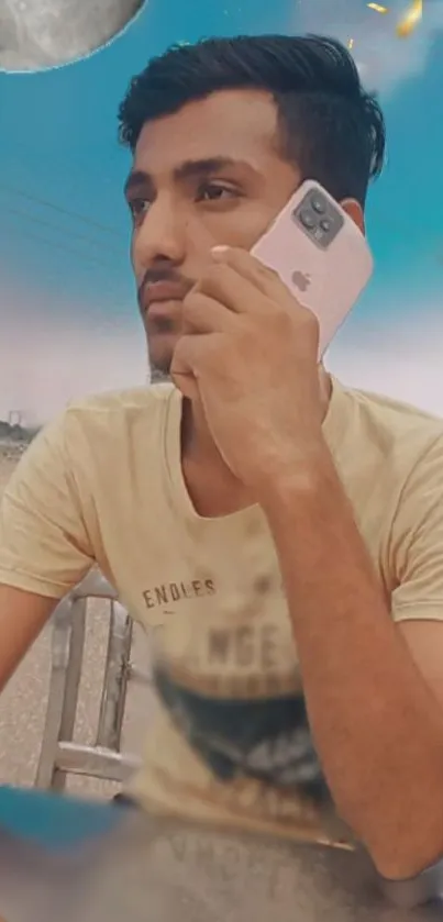 Man holding pink phone with stylish background.